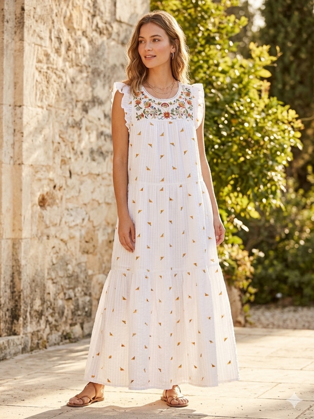 IN LOOM Tiered Flowy White Crinkle Cotton Floral Embroidered Maxi Dress M